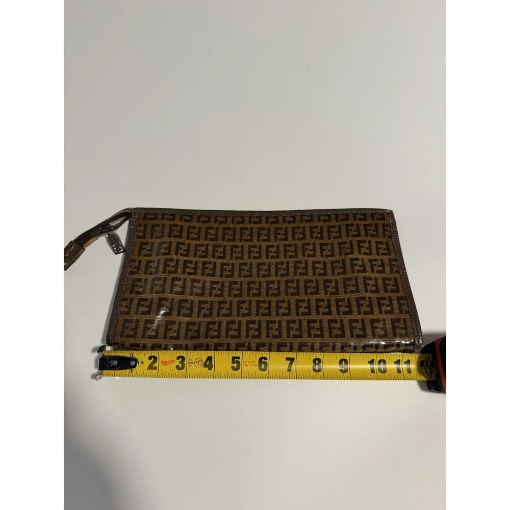 Fendi Zucca FF Logo Monogram Brown Canvas w/ Leather Trim Large Pouch Clutch Bag
